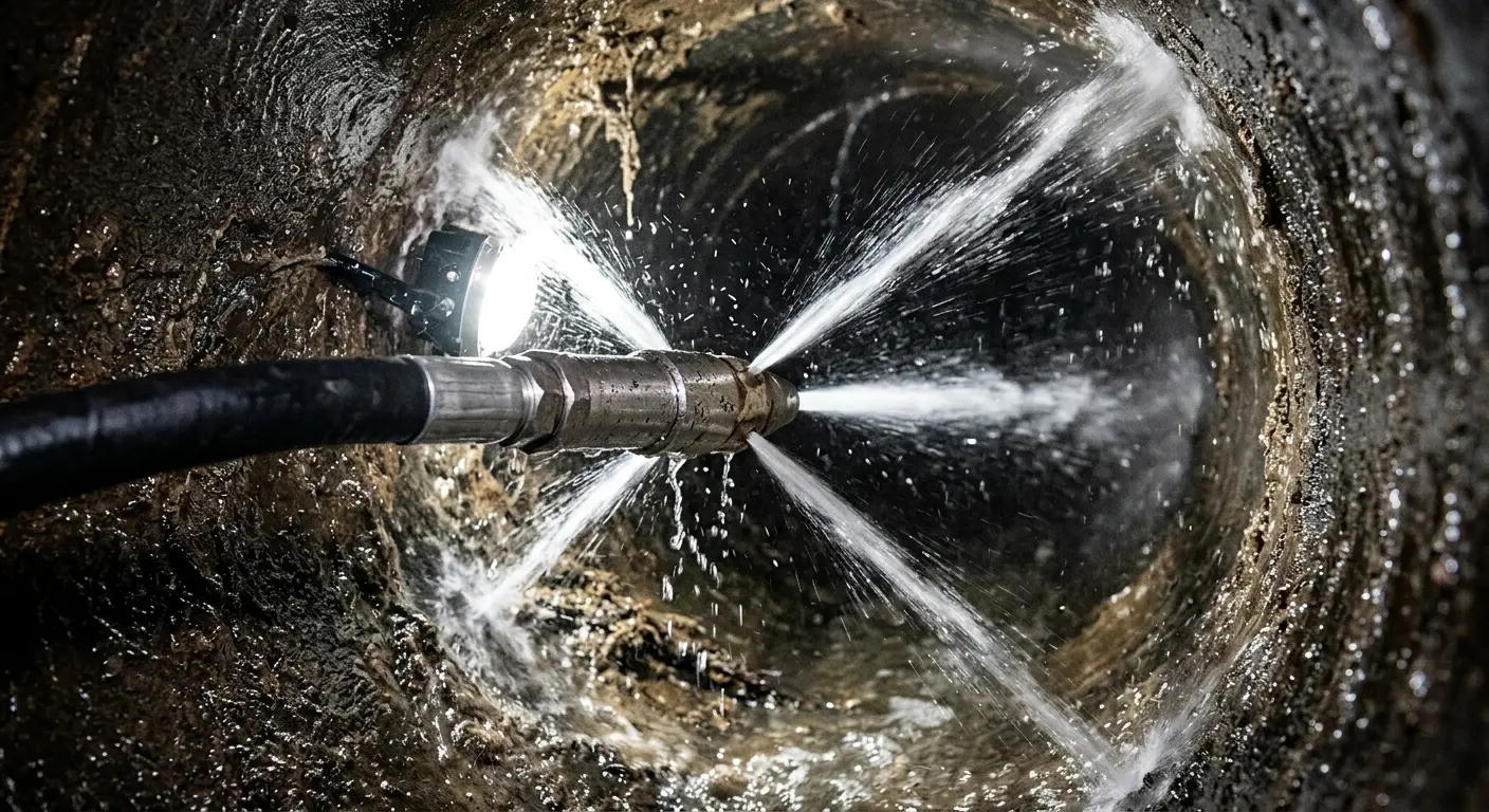 High-pressure hydro jetting nozzle cleaning sewer pipe for Trenchless Sewer Repair in Calipatria