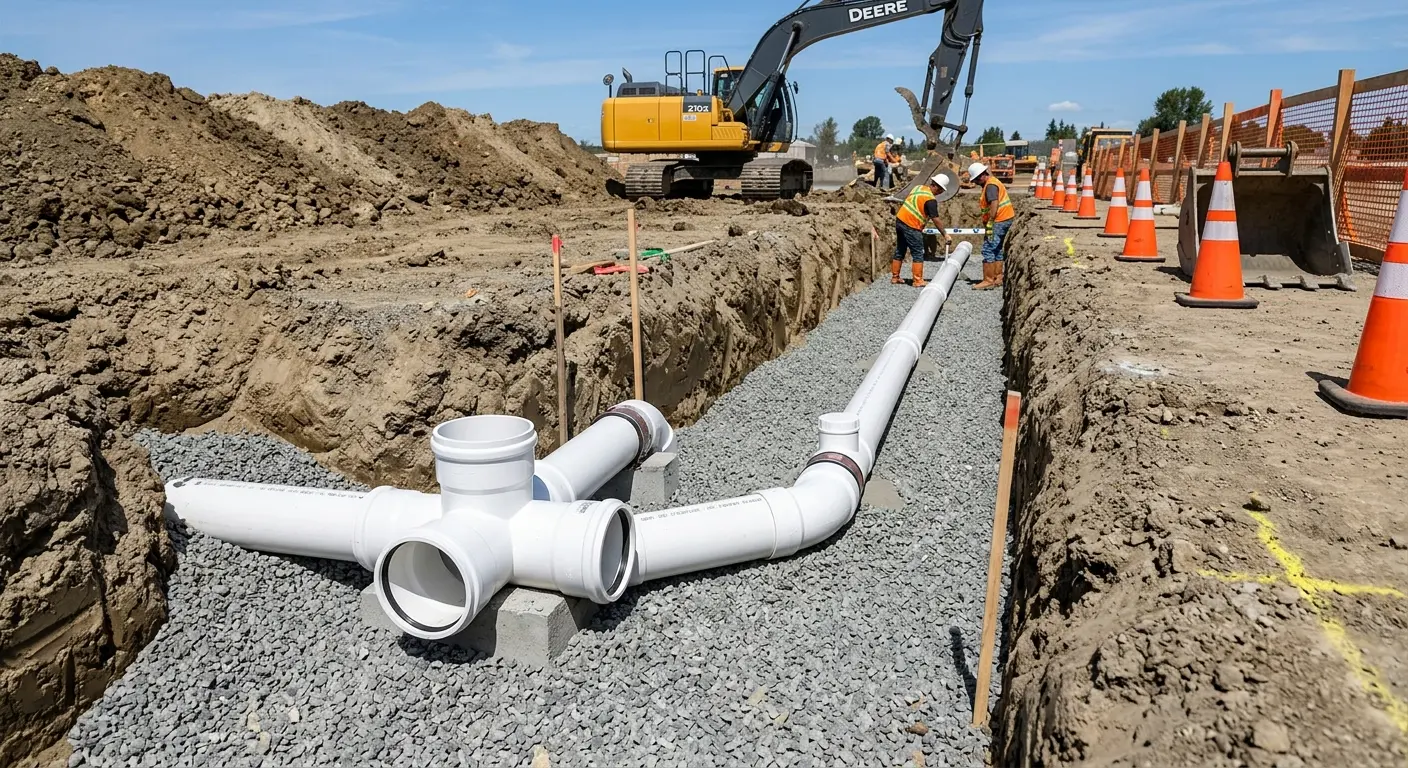 New PVC sewer pipe installation in open trench for Sewer Backup in Calipatria