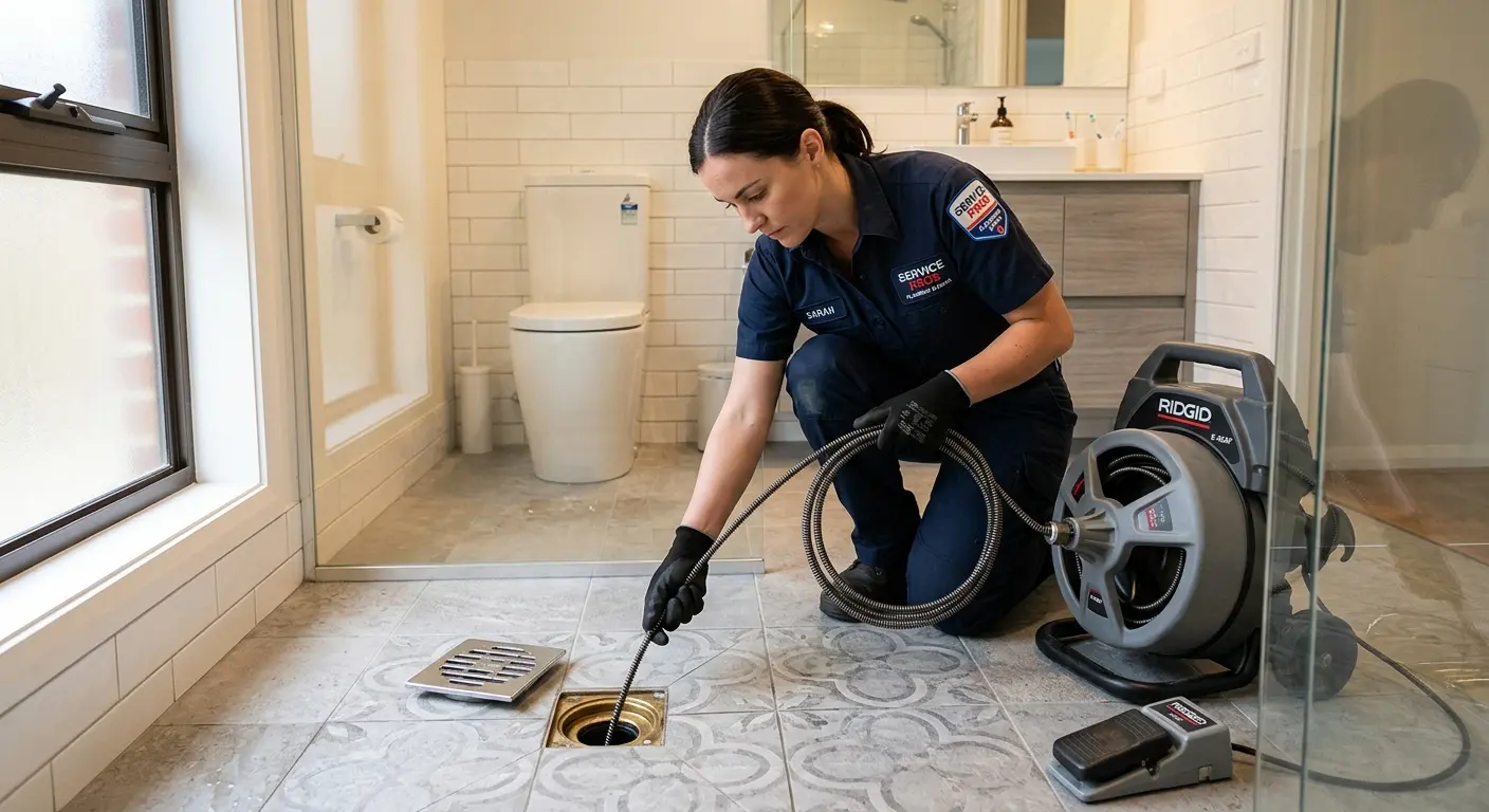 Technician clearing a bathroom floor drain for Clogged Drain Repair in Calipatria